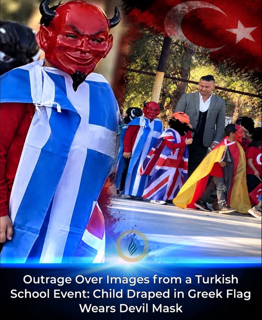 Παιδί με ελληνική σημαία και μάσκα διαβόλου σε σχολείο στην Τουρκία - μια φωτογραφία 1