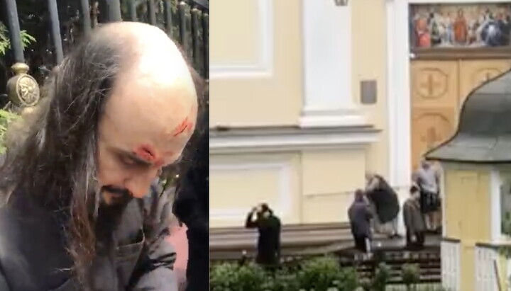 Γδαρμένος ιερέας της UOC και ομάδα επιδρομέων βρίσκονται στον χώρο του καθεδρικού ναού. Φωτογραφία: στιγμιότυπο οθόνης