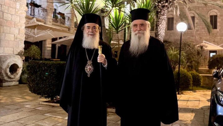 Συνάντηση Πατριάρχη Ιεροσολύμων με τον εψηφισμένο Αρχιεπίσκοπο Σινά. Φωτογραφία: Πατριαρχείο Ιεροσολύμων